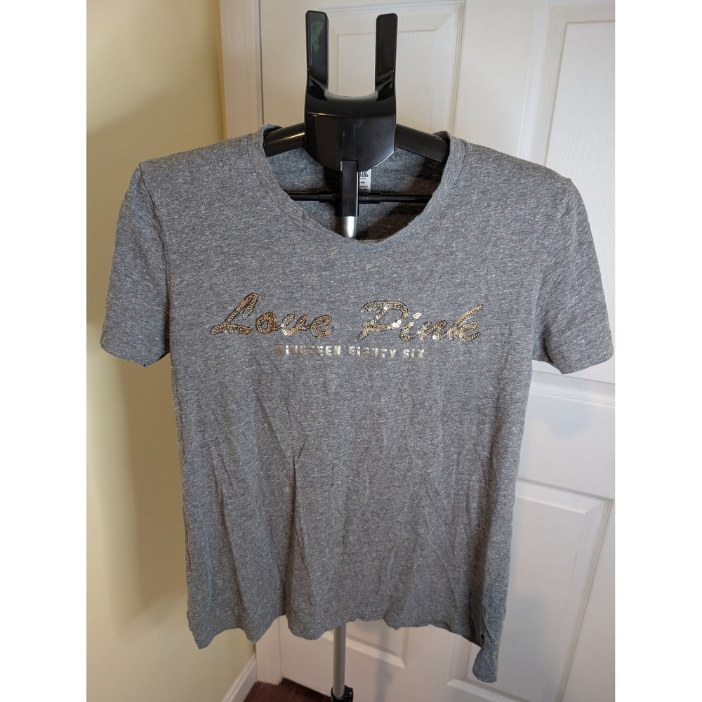 PINK Victoria's Secret T-Shirt Women Small Grey Sequined Love Pink 1986‎